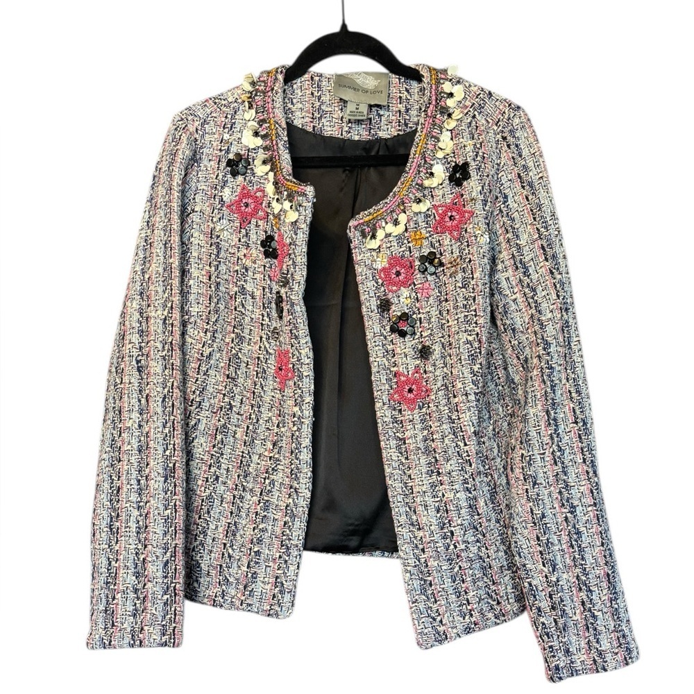 Anthropologie Summer of Love Tweed Beaded Jacket Pink Blue Size Med Boho - Picture 2 of 10